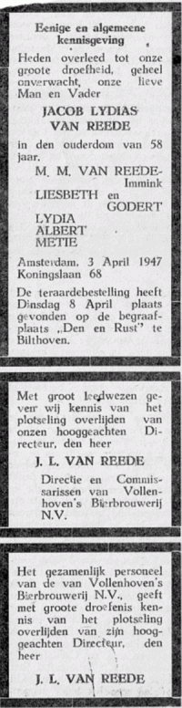 Overlijdensberichten J.L. van Reede (1947)